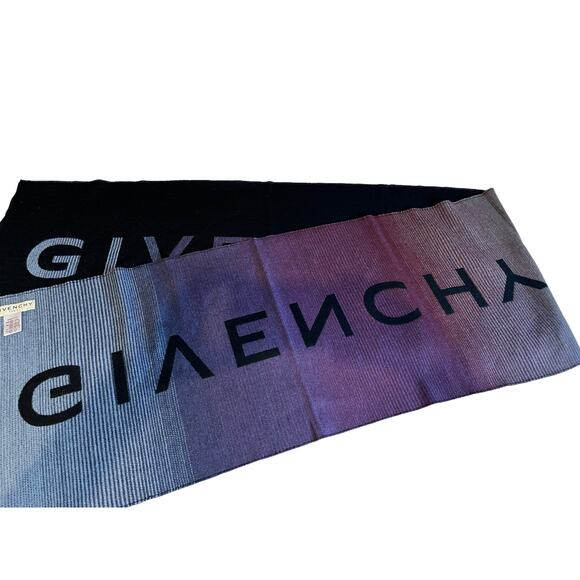 Givenchy Logo Wool Double Face Fringe Scarf Black Ombre - Picture 2 of 8